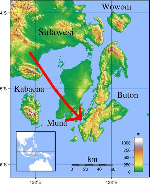 Tanah Buton Wolio yang ditunjukkan oleh tanda panah berwarna Merah